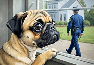 Pug Puppy Sits Proudly After Successful Guard Duty by Puppy Prints