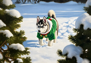 Siberian Husky Puppy In Red Holiday Costume Indoors