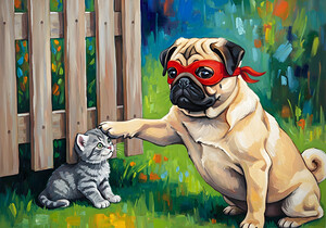 Pug Puppy Superhero Rests After Heroic Day by Puppy Prints