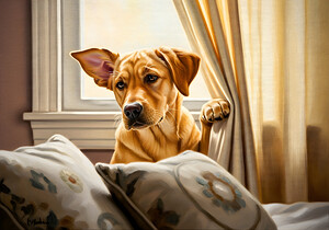 Curious Labrador Puppy Peeking Behind White Curtains