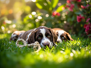 German Shorthaired Pointer Puppies Share Chew Toy Together by Puppy Prints