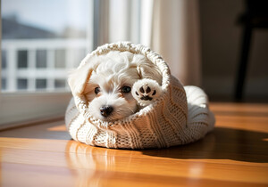 Bichon Frise Puppy Peeking From Sweater Sleeve