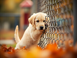 Puppy Waits Eagerly At School Gate For Children