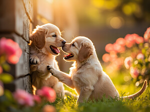 Golden Puppy Happy With New Fence Friend