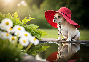 Happy French Bulldog Puppy Rests In Shade Under His Hat by Puppy Prints