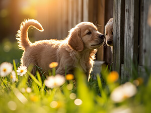 Golden Retriever Puppy Discovers Park Fence by Puppy Prints