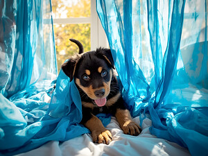 Brave Rottweiler Puppy Sits Confidently By Green Curtains by Puppy Prints