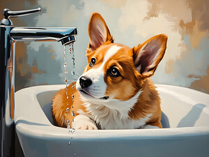 Nervous Corgi Puppy Waits In Bathroom Sink by Puppy Prints