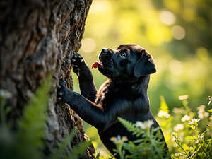 Cane Corso Puppy Spots Squirrel At Tree Base by Puppy Prints