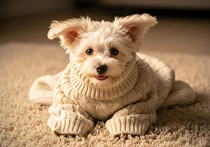 Proud Bichon Frise Puppy Wearing Cozy Sweater by Puppy Prints
