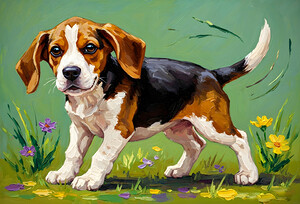 Beagle Puppy Spots Flying Frisbee by Puppy Prints