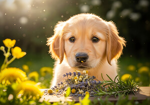 Golden Retriever Puppy Discovers Herb Pile by Puppy Prints