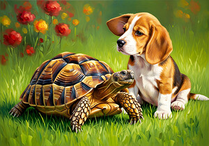 Beagle Puppy Rests With New Tortoise Friend by Puppy Prints