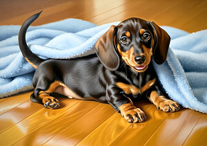 Sleepy Dachshund Puppy Napping Under Cozy Blue Blanket