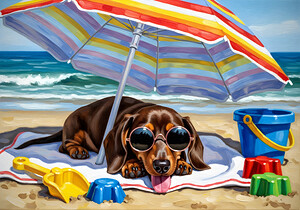 Proud Dachshund Puppy Shows Off Completed Sandcastle