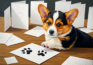 Proud Corgi Puppy Shows Off Signed Cards Collection by Puppy Prints