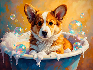 Happy Corgi Puppy Enjoys Bath Time Fun by Puppy Prints