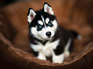 Content Siberian Husky Puppy Relaxes In Comfortable Bed