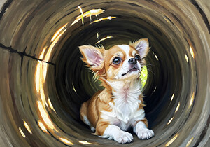 Happy Chihuahua Puppy Exits Log Adventure by Puppy Prints