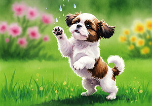 Shih Tzu Puppy Discovers Falling Raindrops In Garden by Puppy Prints