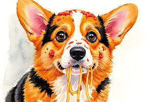 Satisfied Corgi Puppy After Spaghetti Meal