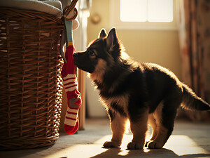 German Shepherd Puppy Discovers Laundry Basket by Puppy Prints