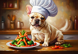 Proud French Bulldog Puppy Chef Shows Off Cooking Creation by Puppy Prints