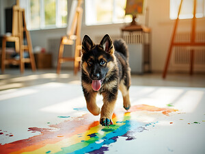German Shepherd Puppy Discovers Colorful Paint Containers by Puppy Prints