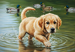 Happy Golden Retriever Puppy Plays With New Duck Friends At Pond