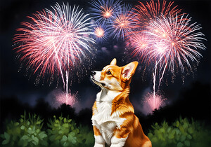 Happy Corgi Puppy Wags Tail After Fireworks End by Puppy Prints