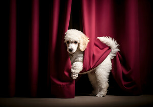 Poodle Puppy Bursts Out From Curtain Hiding Spot by Puppy Prints