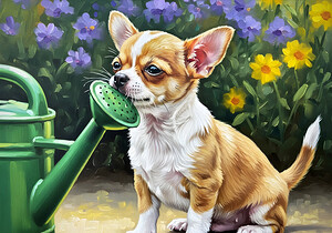 Chihuahua Puppy Discovers Garden Watering Can by Puppy Prints