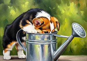 Wet Corgi Puppy Emerges From Watering Can Adventure by Puppy Prints