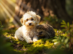 Poodle Puppy Meets New Friend In Garden by Puppy Prints