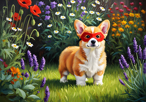 Corgi Puppy Discovers Superhero Mask In Bedroom by Puppy Prints