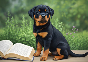 Determined Rottweiler Puppy Ready To Resume Reading by Puppy Prints