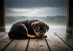 Rottweiler Puppy Seeks Shelter From Heavy Rain by Puppy Prints