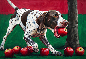Happy Puppy Enjoys Apple Pieces In Orchard