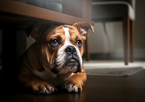 Brave Bulldog Puppy Feels Better Under Table