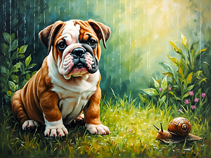 Bulldog Puppy Discovers Garden Snail On Rainy Day
