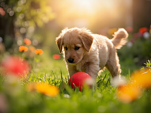 Golden Retriever Puppy Discovers A Giant Red Ball by Puppy Prints