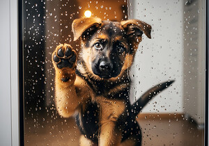 Confused German Shepherd Puppy Tilts Head At Glass Door by Puppy Prints