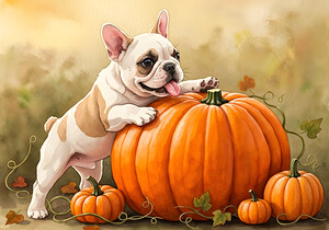 Happy French Bulldog Puppy Rests In Pumpkin Patch by Puppy Prints