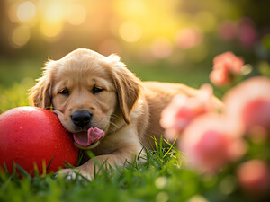 Exhausted Golden Retriever Puppy Rests Beside The Giant Ball by Puppy Prints