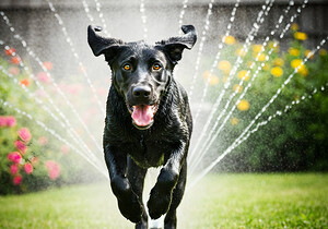 Wet German Shepherd Puppy Rests By Sprinkler Happily by Puppy Prints