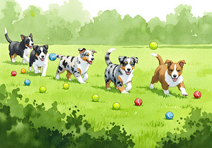 Australian Shepherd Puppy Spots Tennis Ball by Puppy Prints