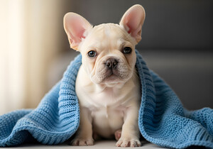 French Bulldog Puppy Snuggles With Favorite Blue Blanket by Puppy Prints