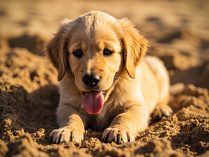 Happy Golden Retriever Puppy Sits In Ruins Of Destroyed Castle by Puppy Prints