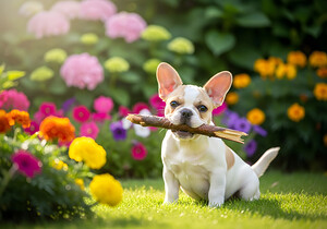 French Bulldog Puppy Finds Perfect Stick In Garden by Puppy Prints
