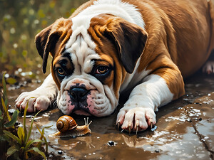 Protective Bulldog Puppy Shields Snail From Heavy Rain by Puppy Prints
